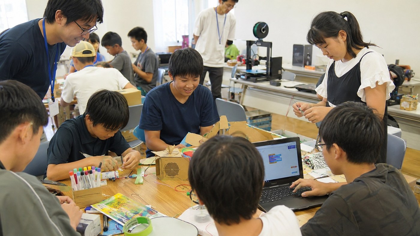 子どもたちが工作とプログラミングに取り組む様子